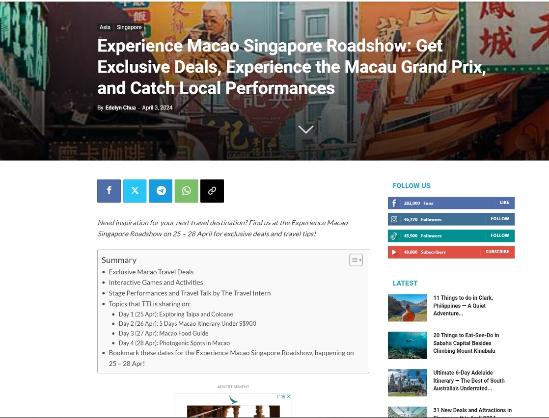 Plataforma de especialistas de viagens de Singapura “The Travel Intern” promove actividades nos seus canais