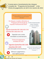 Vai at%c3%a9 31 de janeiro de 2022 o prazo para o levantamento e o pagamento dos cheques cruzados do %e2%80%9cprograma de devolu%c3%a7%c3%a3o do imposto profissional de 2016%e2%80%9d e dos t%c3%adtulos de pagamento referentes %c3%a0s restitui%c3%a7%c3%b5es de